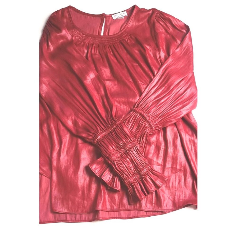 Current Air Red Long Sleeve Blouse With Ruched Cuffs Size Medium - Picture 7 of 9